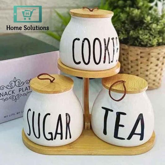 3pcs Round Airlock Tea Coffee & Sugar Jars With Wood Stand