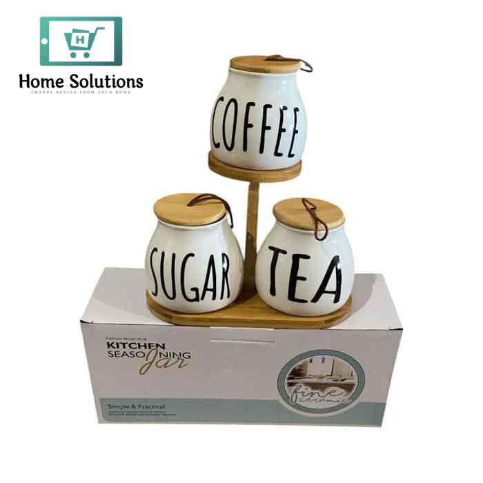 3pcs Round Airlock Tea Coffee & Sugar Jars With Wood Stand