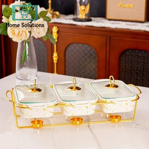 Triple Ceramic Chafing Dish Buffet Set – 9-Inch Warmers with Marble Finish