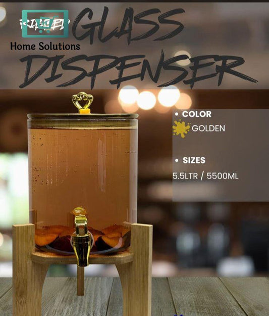 Elegant Glass Beverage Dispenser on Bamboo Stand – Premium Pour Server (5.5 L) Golden