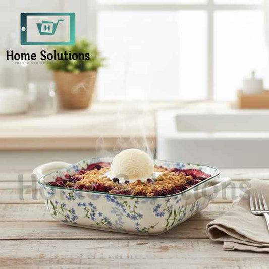 Square Baker 9" Fine Porcelain with Handle - Green & Blue Floral Design