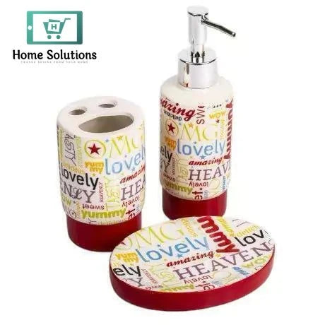 Bathroom set with dispenser, toothbrush holder, and coasters featuring colorful text on a white background.
