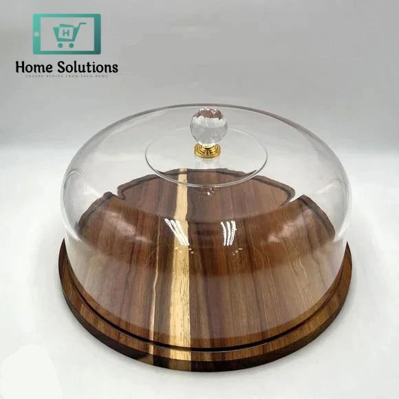 Wooden Cake Stand with Clear Acrylic Lid – Elegant Serving Dish Round