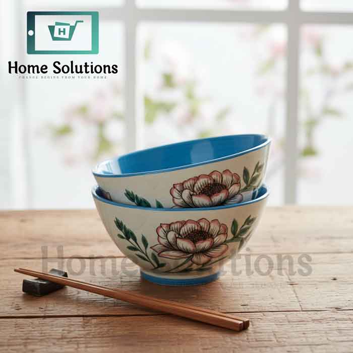 4.5" Round Fine Porcelain Bowl | Pink Floral & Blue Rim
