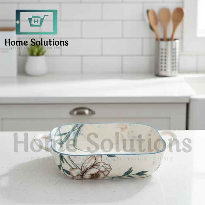 Square Porcelain Baker 9" - Green Floral & Blue Rim