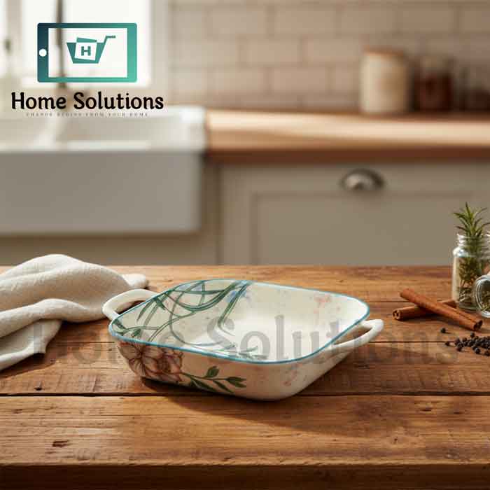 Square Porcelain Baker 9" - Green Floral & Blue Rim