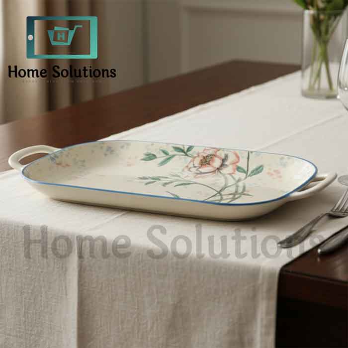 14" Oval Porcelain Plate - Green Floral & Blue Rim