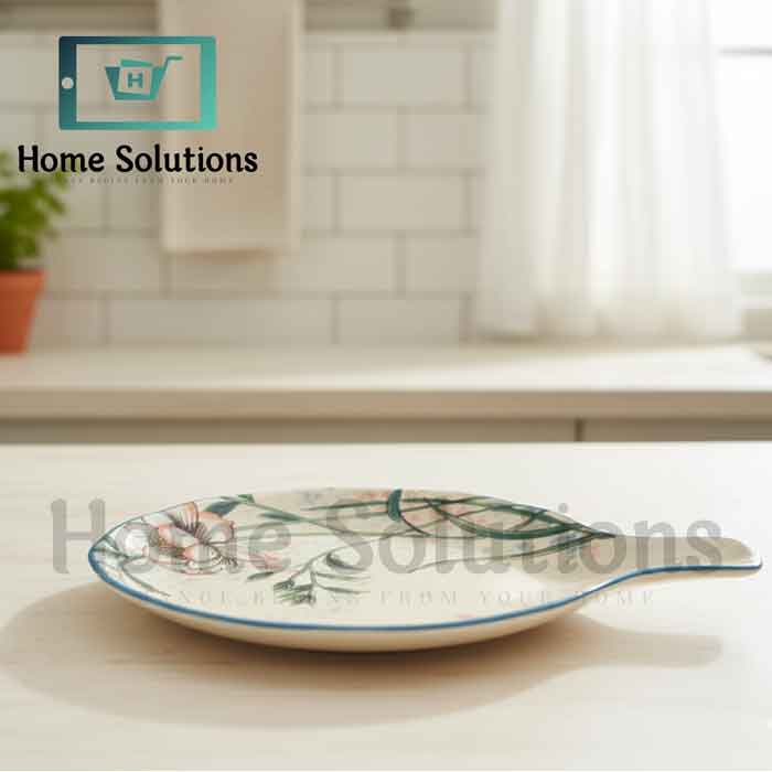 Round Porcelain Baker with Handle 9"  - Green Floral Blue Rim