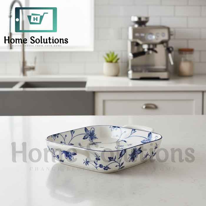 Square Baker 9" Fine Porcelain with Handle - Blue Floral Design