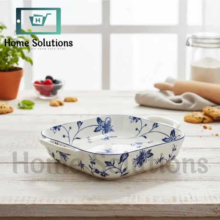 Square Baker 9" Fine Porcelain with Handle - Blue Floral Design