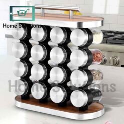 Stainless Steel Spice Rack with Wood Top and Bottom & Glass Spice Bottles - 16 Bottles