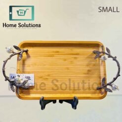 ORCHID Rubber Wood Rectangular Tray with Motif - Copper & Silver - Small