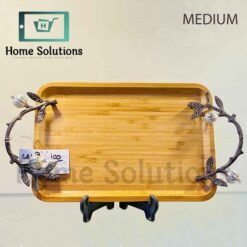 ORCHID Rubber Wood Rectangular Tray with Motif - Copper & Silver - Medium