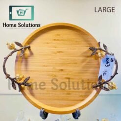 ORCHID Rubber Wood Round Tray with Motif - Copper & Gold - Large