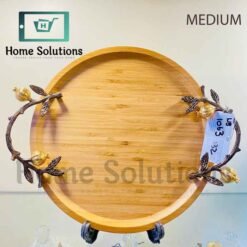 ORCHID Rubber Wood Round Tray with Motif - Copper & Gold - Medium