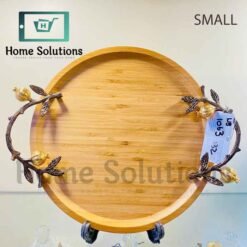 ORCHID Rubber Wood Round Tray with Motif - Copper & Gold - Small