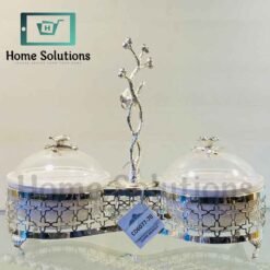 Orchid Dry Fruit Snack Serving Bowls with Lid - Silver - 2 Compartment