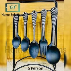 Matt Black Stainless Steel Cutlery Set with Zebra Strips Print for 6 Persons - 29 Pieces