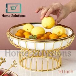Nordic Style Ceramic Serving Dish / Fruit Bowl with Gold Metal Stand - White - 10 inch