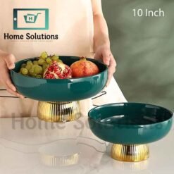 Ceramic Stylish Serving Dish / Fruit Bowl with Golden Foot - Green - 10 inch