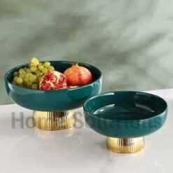 Alternative view of Ceramic Stylish Serving Dish / Fruit Bowl with Golden Foot - Green - 10 inch