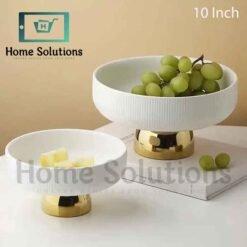 Ceramic Stylish Serving Dish / Fruit Bowl with Golden Foot - White - 10 inch