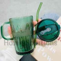 Covered Glass Cup Bottle with Glass Straw 400ml Green 3 - Home Solutions