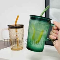 Covered Glass Cup Bottle with Glass Straw 400ml Green 4 - Home Solutions
