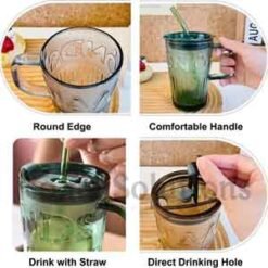 Covered Glass Cup Bottle with Glass Straw 400ml Green 5 - Home Solutions