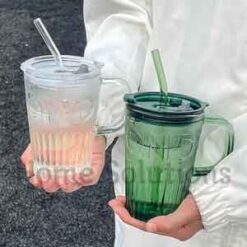 Covered Glass Cup Bottle with Glass Straw 400ml Green 6 - Home Solutions