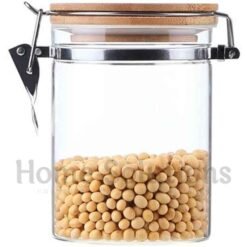 Glass Jar Glass Storage Container Set of 3 with Steel Airtight Clamp Wooden Lid 3 - Home Solutions