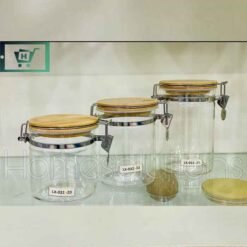 Glass Jar Glass Storage Container Set of 3 with Steel Airtight Clamp Wooden Lid 6 - Home Solutions