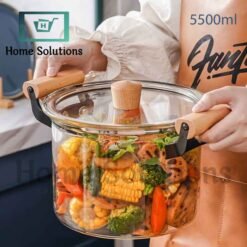 Fire Proof Borosilicate Glass Casserole Cooking Pot with Wooden Handle - 5.5 Liters