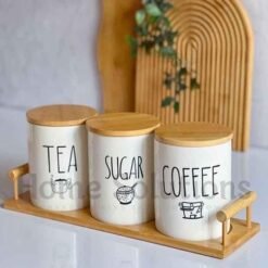 Porcelain Airtight Tea Coffee Sugar Jar Set of 3 With Bamboo Tray 1 - Home Solutions