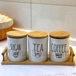 Porcelain Airtight Tea Coffee Sugar Jar Set of 3 With Bamboo Tray 2 - Home Solutions