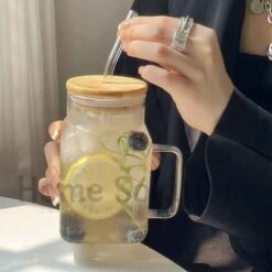 Square Shape Iced Tea Glass with Bamboo Lid with and Glass Straw 2 - Home Solutions