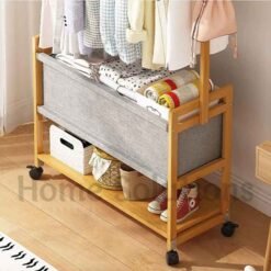 Multifunctional Bamboo Clothes Hanger Stand with Double Layered Fabric Basket 3 - Home Solutions