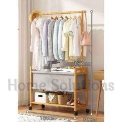 Multifunctional Bamboo Clothes Hanger Stand with Double Layered Fabric Basket 7 - Home Solutions