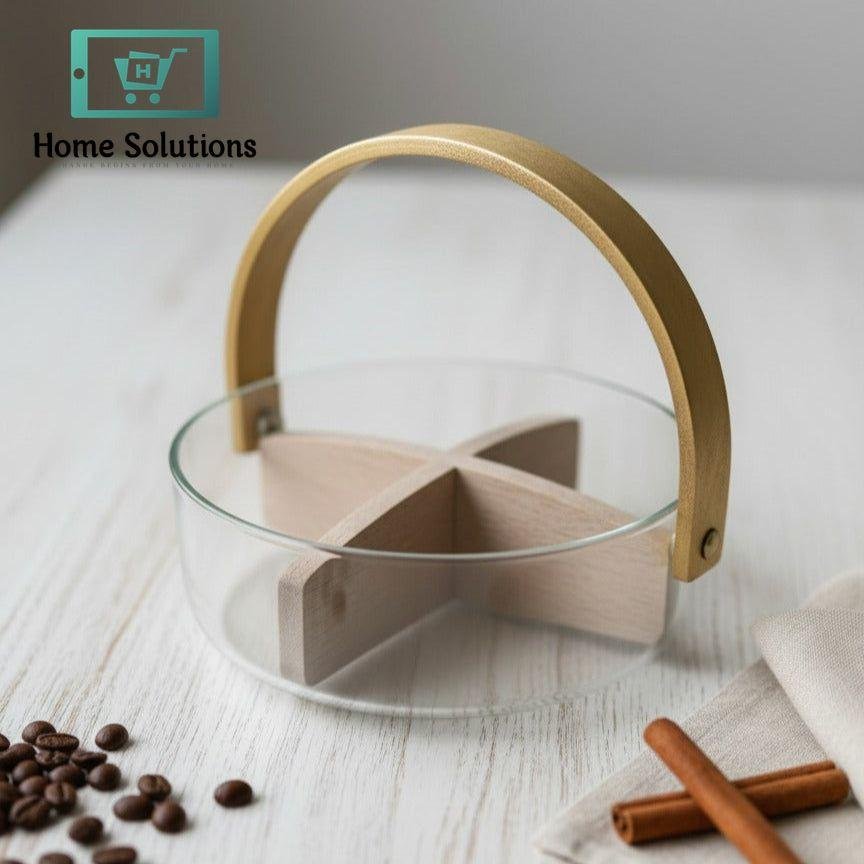 Elegance Multi-Section Glass Serving Bowl with Wooden Handle - Perfect for Snacks, Nuts, & Entertaining 4 Glass container with wooden lid on a light surface with coffee beans and cinnamon sticks.