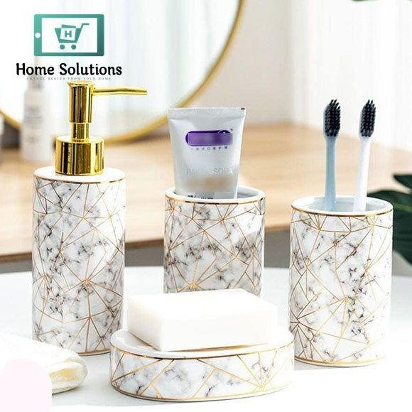 4-Piece Ceramic Bathroom Accessories Set – Marble Design 4 4-Piece Ceramic Bathroom Accessories Set – Marble Design - Image 2
