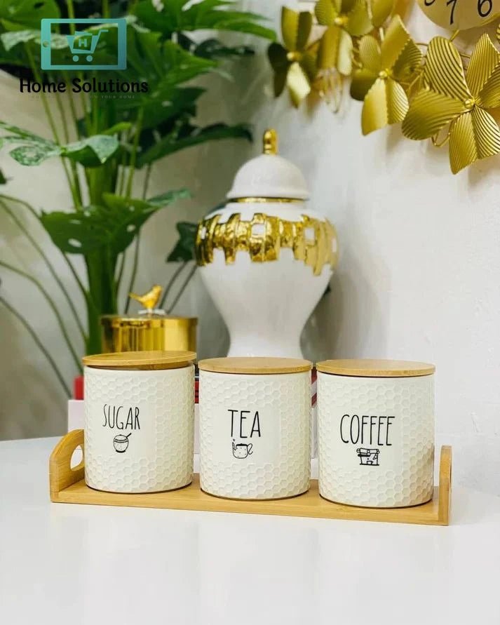 3-Piece Self Texture Airlock Tea Coffee & Sugar Jars With Wood Stand 3 3-Piece Self Texture Airlock Tea Coffee & Sugar Jars With Wood Stand