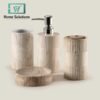 Set of four ceramic bathroom accessories with textured design on a light background, labeled 'Home Solutions'.
