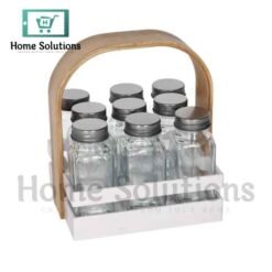 6 clear glass spice jars with silver lids in a white plastic base with a natural wood handle – kitchen spice organizer set for Pakistani homes