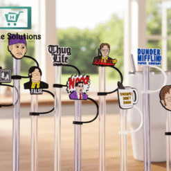 Seven "The Office" themed silicone straw toppers attached to clear drinking straws