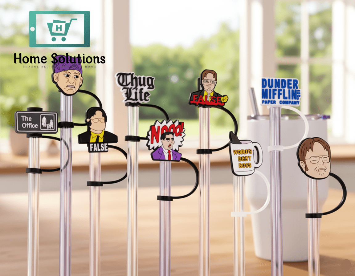 The Office TV Show Straw Toppers for Stanley Cups 2 Seven "The Office" themed silicone straw toppers attached to clear drinking straws