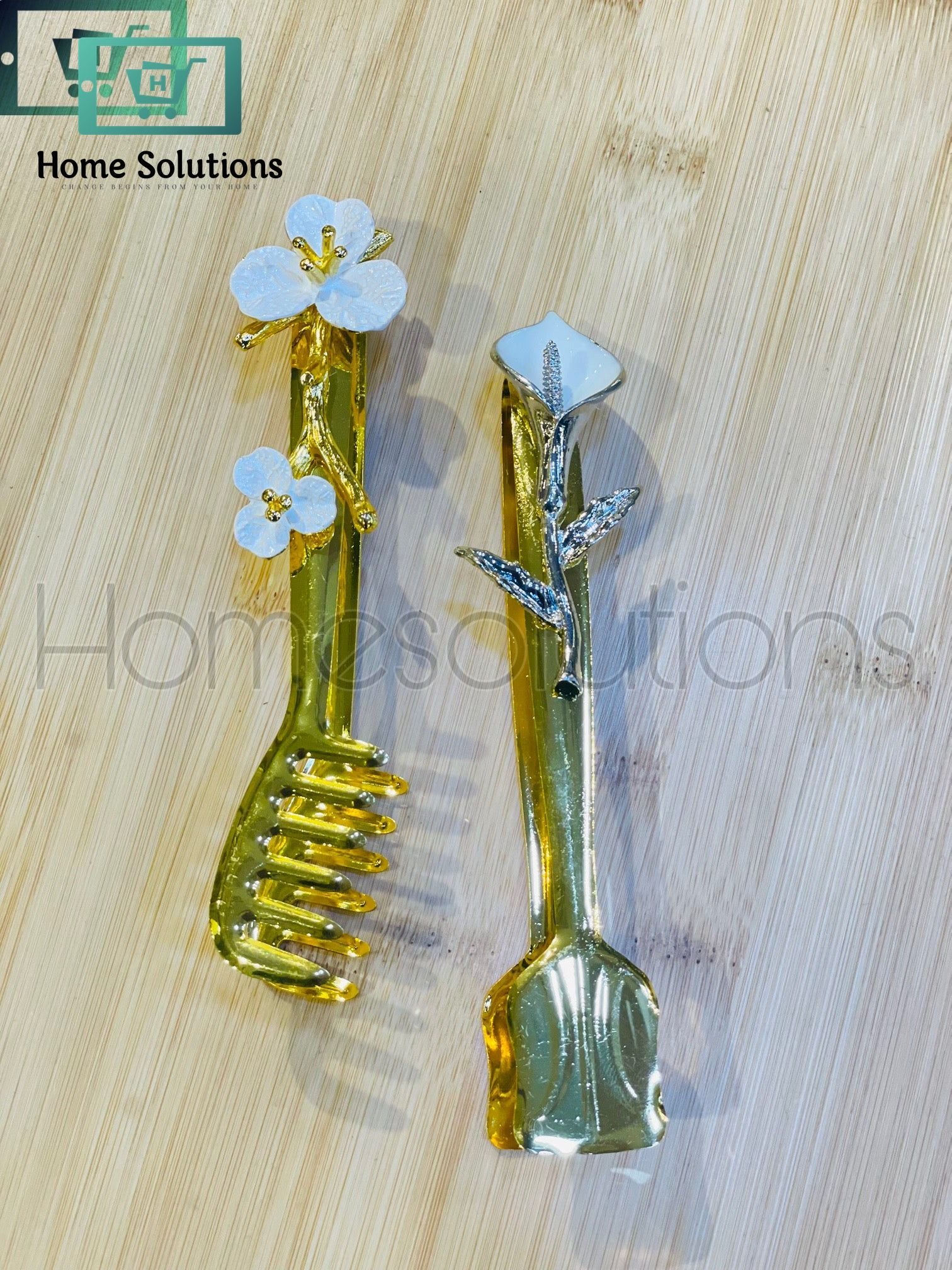 Golden Tong with Silver Floral Motifs Set of 2 Pieces 3 Golden Tong with Silver Floral Motifs Set of 2 Pieces