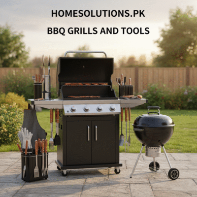 Homesolutionspk BBQ Grills and Tools category image featuring a gas grill, a charcoal kettle grill, and various BBQ tools neatly arranged in a backyard setting.