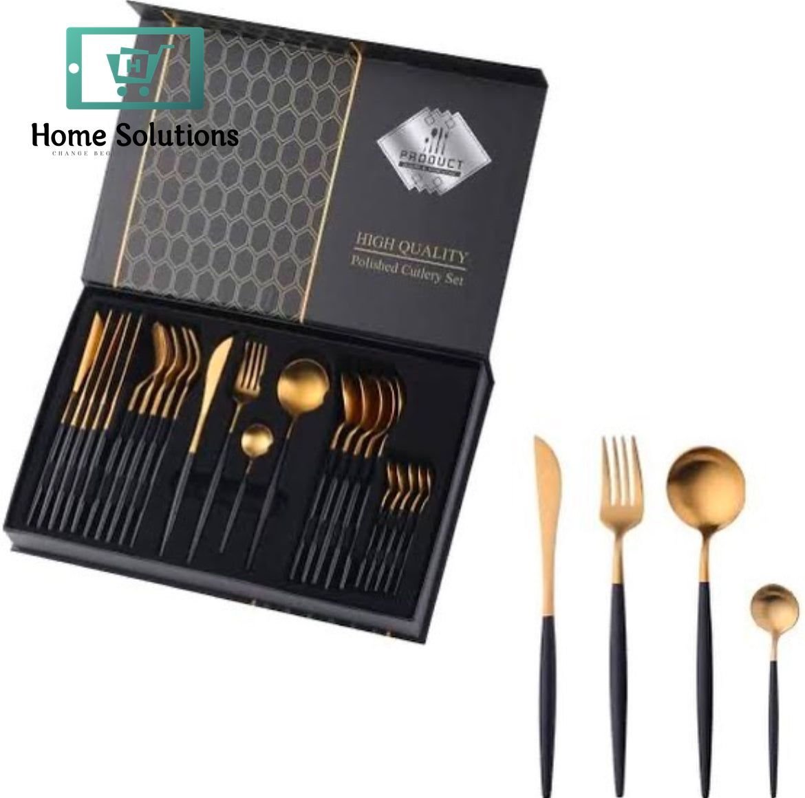 24 Piece Portuguese Cutlery Set - Black & Gold 4 24 Piece Portuguese Cutlery Set - Black & Gold - Image 2