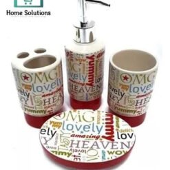 Bathroom accessory set with text design on a white background