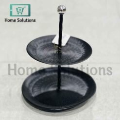 Luxury engraved 2-tier black metal dessert stand and snack platter, perfect for Eid and weddings in Pakistan